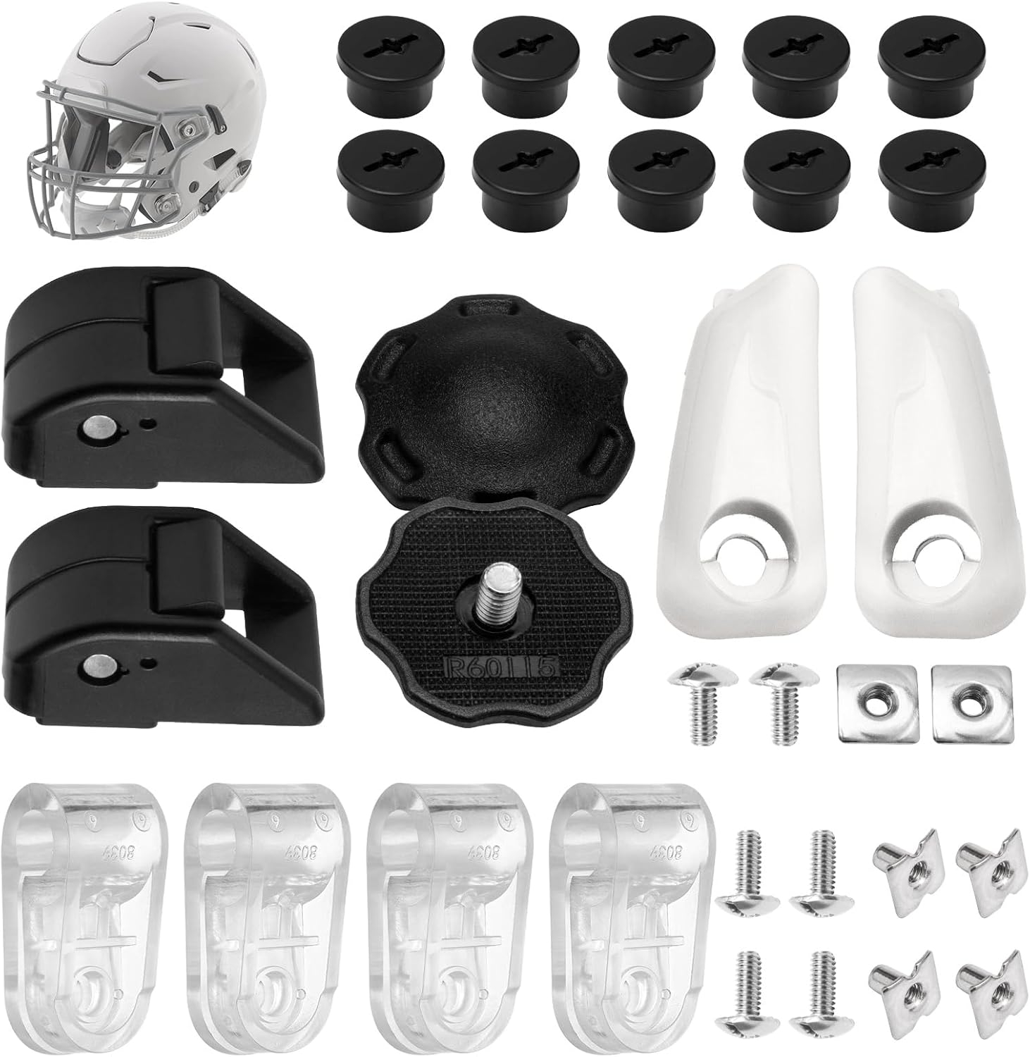 Football Helmet Fastener Part for Riddell Speedflex, Including Speedflex Thumb Screws, Chinstrap Cam Lock Housing, Football Helmet Chin Strap Clips and Bladder Valve Screws