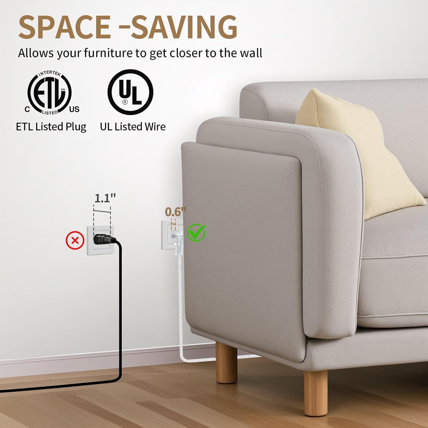 1 Pack Clear Extension Cord 12FT, 3 Outlet Extension Cord with 90° Flat Plug, UL-Certified Indoor Extension Cords, 2 Prong Thin Extension Cords, Male to Female, 2 x 18 AWG 125V 7A
