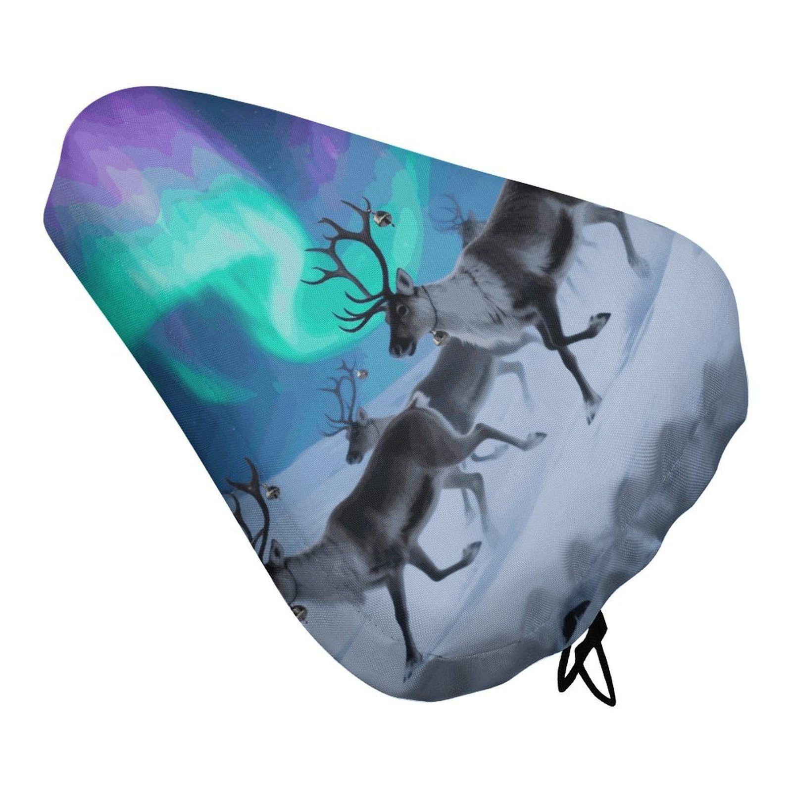 Reindeer Under Aurora Bike Seat Cover - Waterproof Bike Seat Cushion for Women & Men, Comfort, Soft Bicycle Saddle Covers Universal Fit Road/Mountain/Spin Bikes with Drawstring