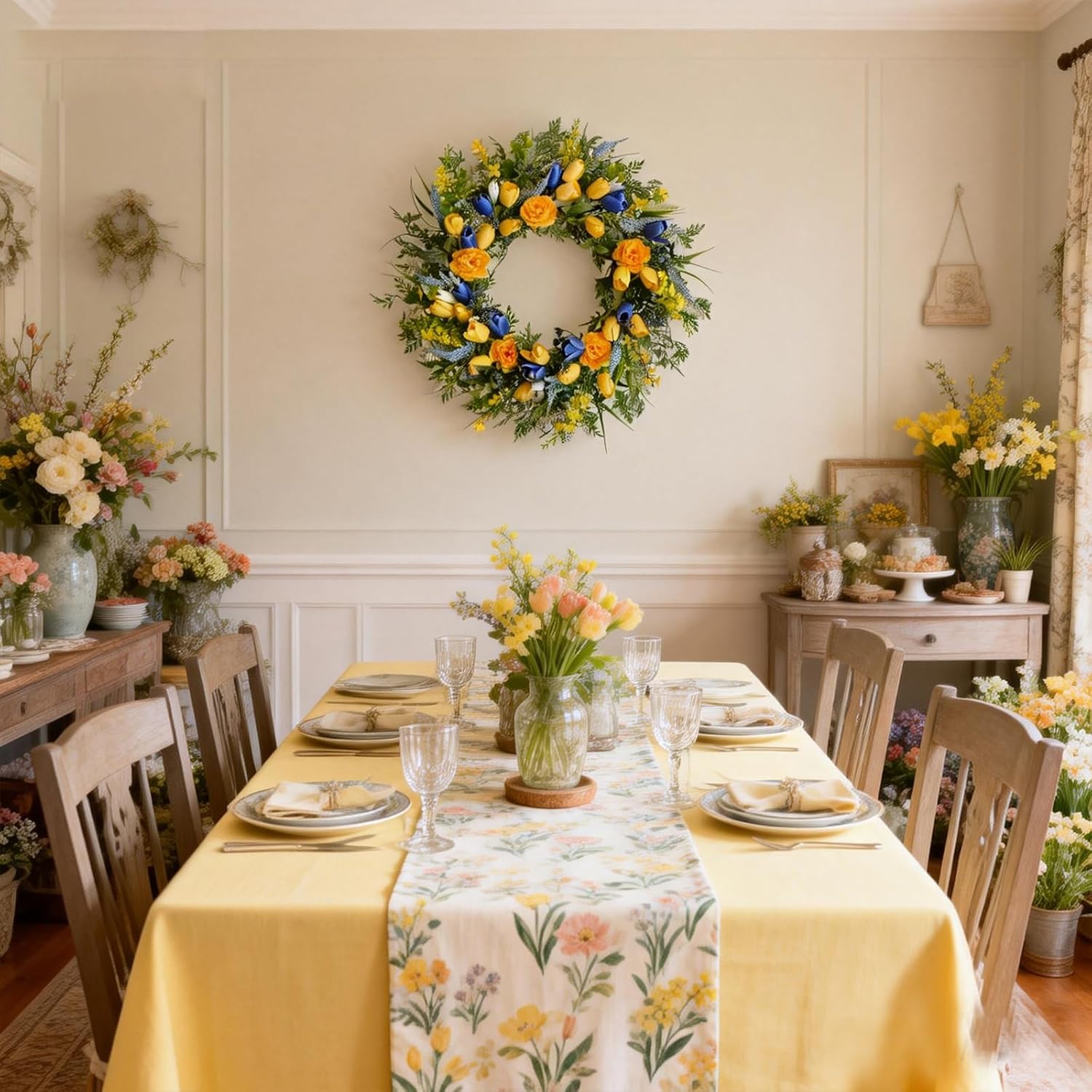 Idyllic 22 Inch Spring Summer Wreath for Front Door Artificial Tulip Wreath with Yellow Blue Tulips Orange Roses Lavender Home Decor Window Mantel Wedding