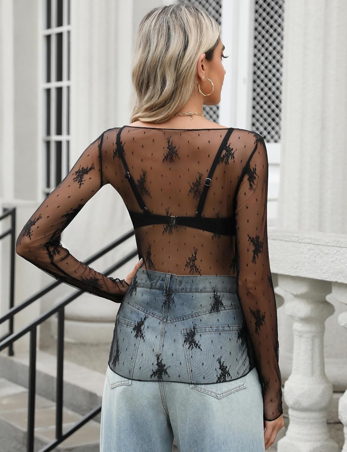 KTILG Womens Lace Long Sleeve Boat Neck Tops Sheer Blouse Sexy See Through Shirt Mesh Top S-XXL - Image 3