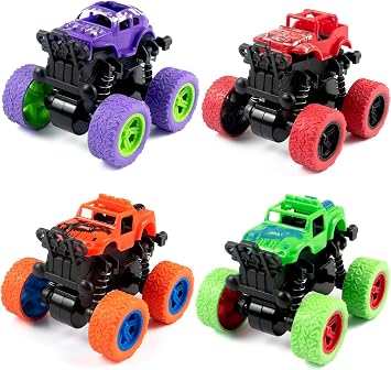 4 Pack Monster Trucks,Inertia Powered Toy Cars, Toy Trucks with Shock Springs and Big Tires, Christmas Birthday Gifts for 3/4/5/6 Years Old Toddlers Boys Girls
