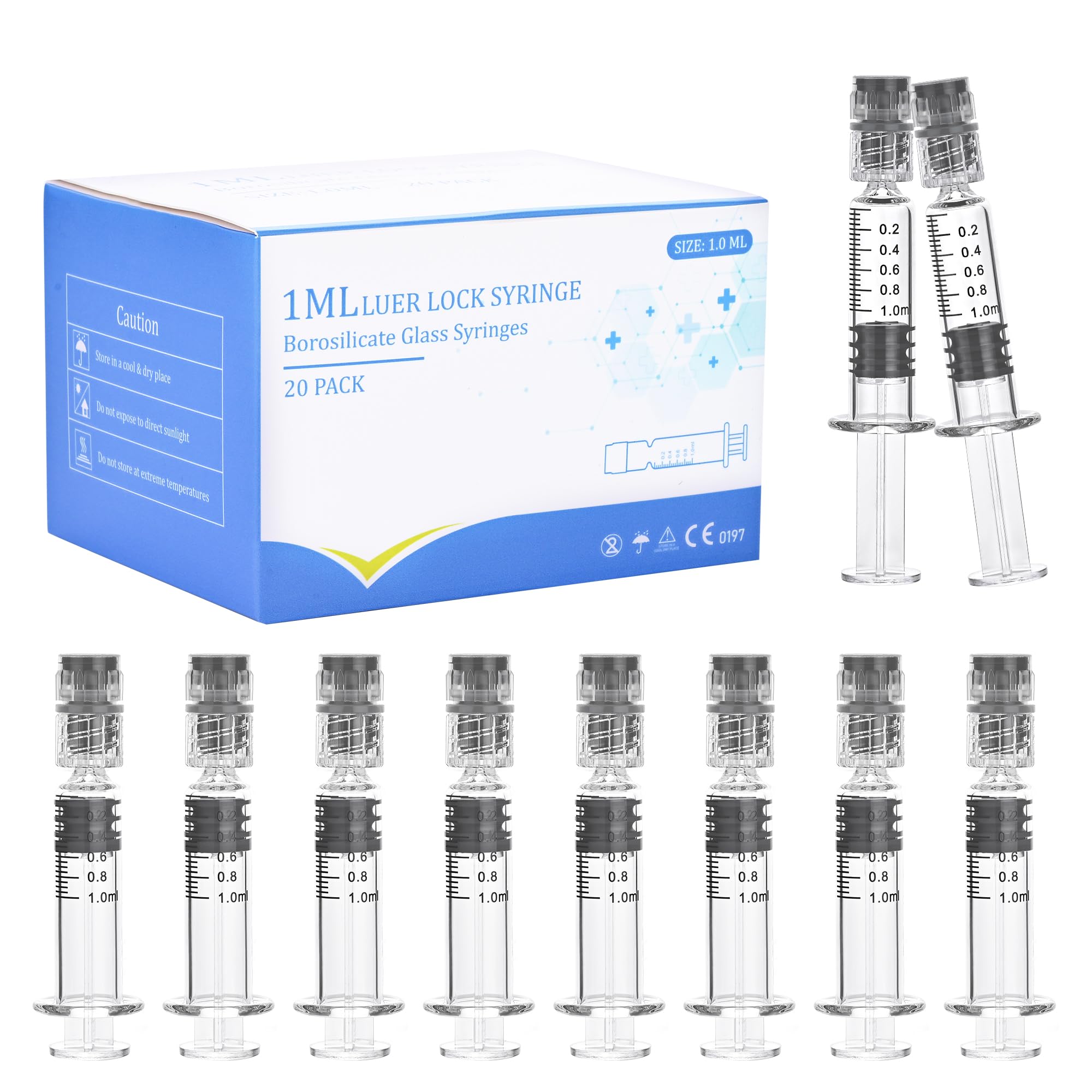 Confezione da 20 siringhe in vetro Luer Lock da 1 ml, siringhe in borosilicato per liquidi, colla, oli, inchiostro, strumenti da laboratorio e artigianato senza ago