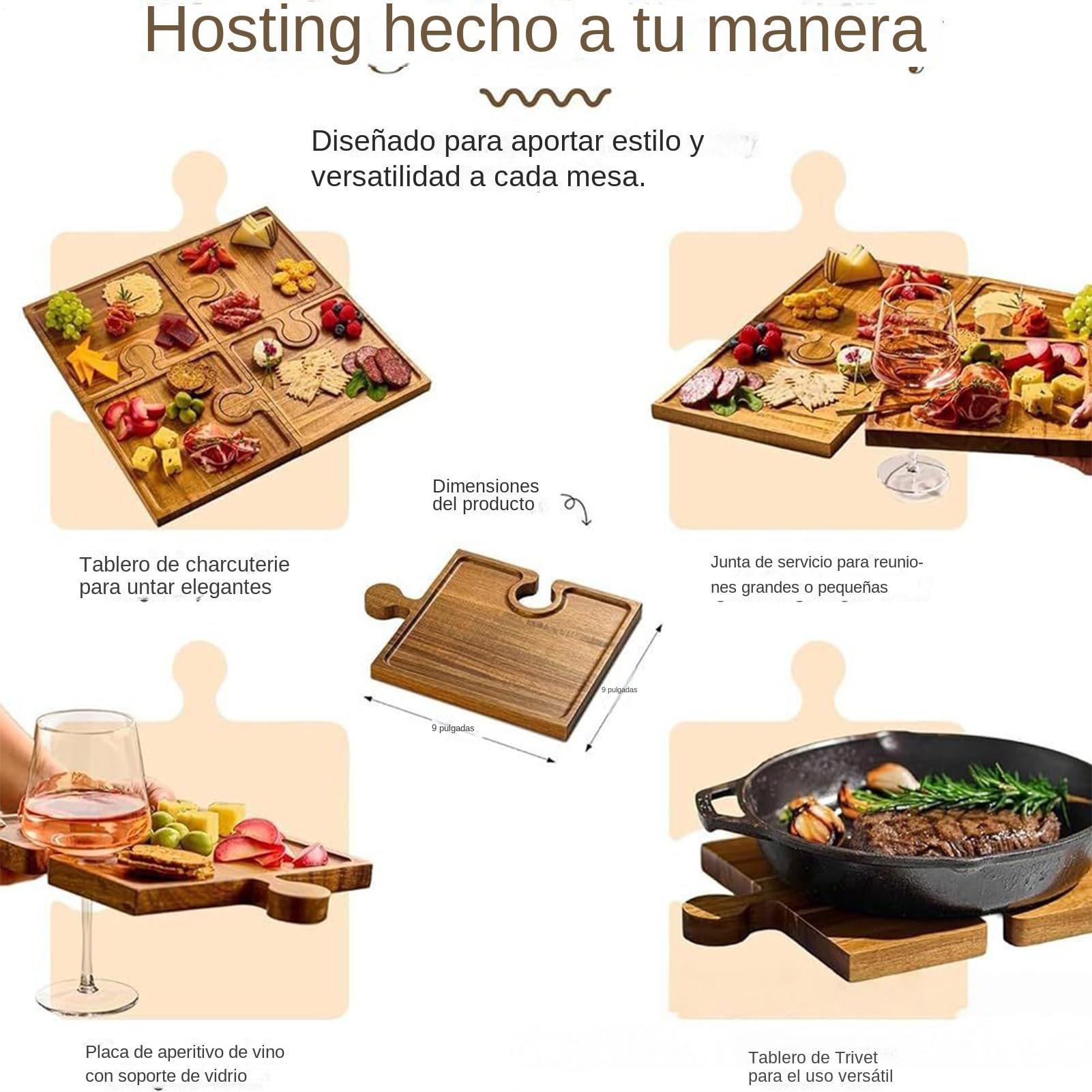 Bandeja de Servir Presentación Moderna De Madera Tipo Puzzle | Tabla de Quesos y Embutidos con Asas Para Carne Fruta Queso Snack Pastel Hogar Estreno