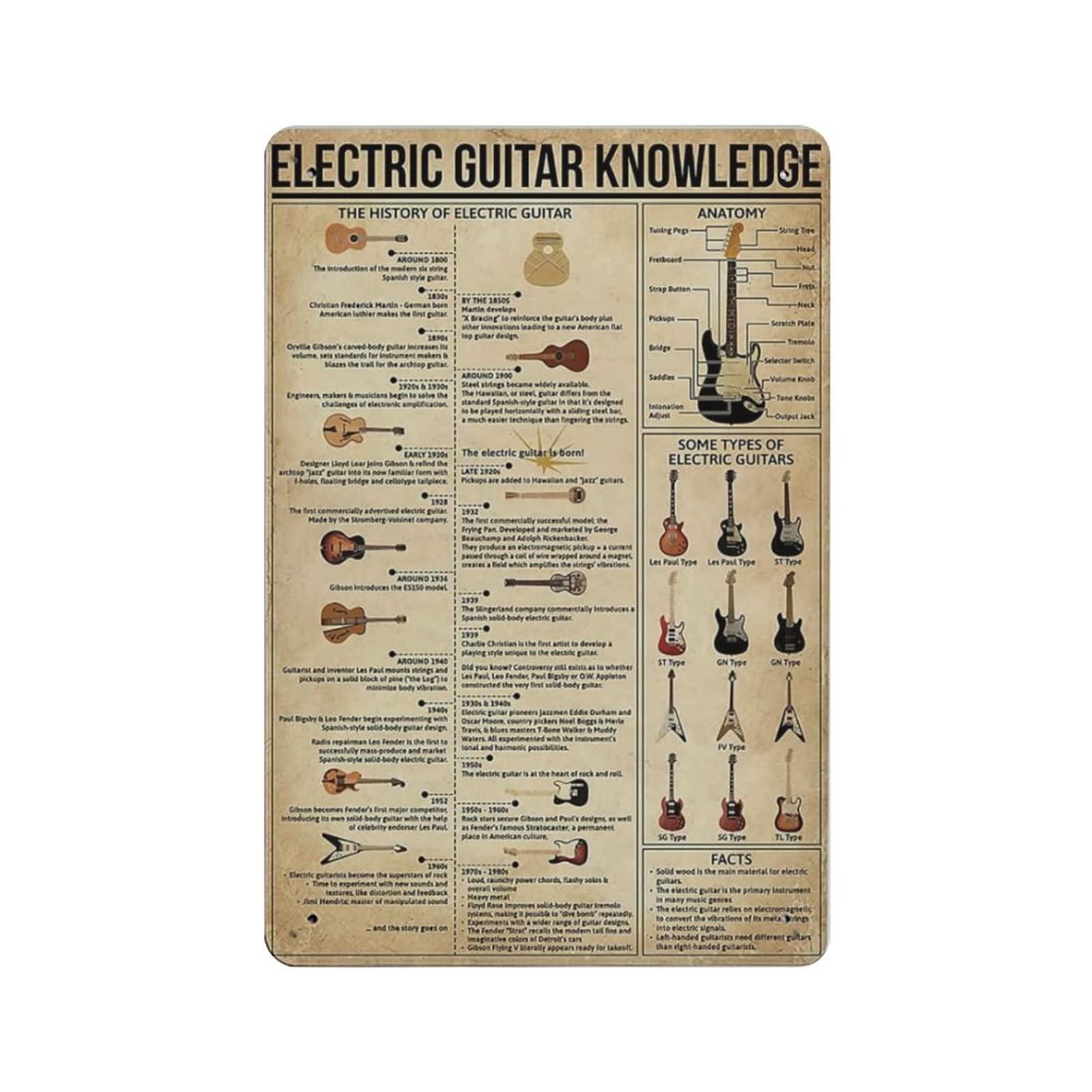 AOOEDM Electric Guitar Knowledge Vintage Tin Sign Metal Tin Signs for Man Cave Funny Art Wall Plaque Kitchen Bar Pub Coffee Shop Wall Decor