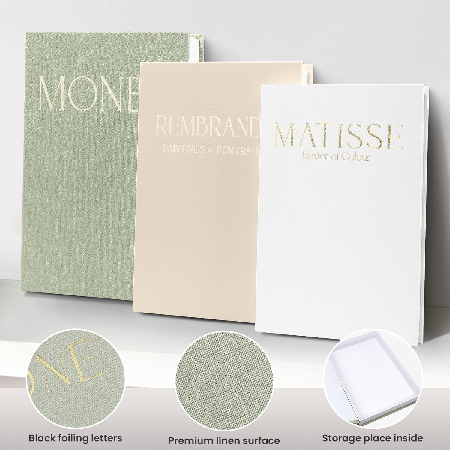 Decorative Books for Home Decor- 3Pcs Linen Decorative Boxes for Aesthetic Room Decoration, Modern Fake Book Storage Boxes for Coffee Table, Bookshelf or Mantle Decor, Sage