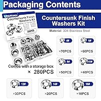 Vista 3 de Arandelas de acabado avellanado, arandelas de taza de acabado avellanadas de acero inoxidable, 7 tamaños, 280 piezas de plata