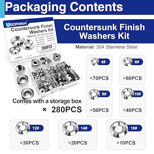 Miniatura 3 de Usdrwam Arandelas de acabado avellanado, arandelas de taza de acabado avellanadas de acero inoxidable, 7 tamaños, 280 piezas de plata