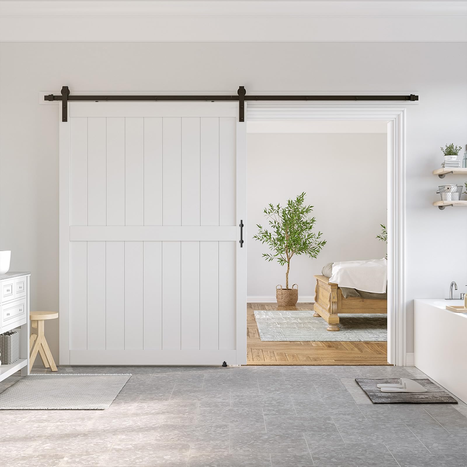 View 1 of ***TRUCK/TRAILER PICKUP ONLY***SmartStandard 60 x 84 inch White Sliding MDF Barn Door with 10FT Black Sliding Door Hardware Kit & Handle, Pre-Drilled Ready to Assemble, Waterproof PVC Coating, H-Frame