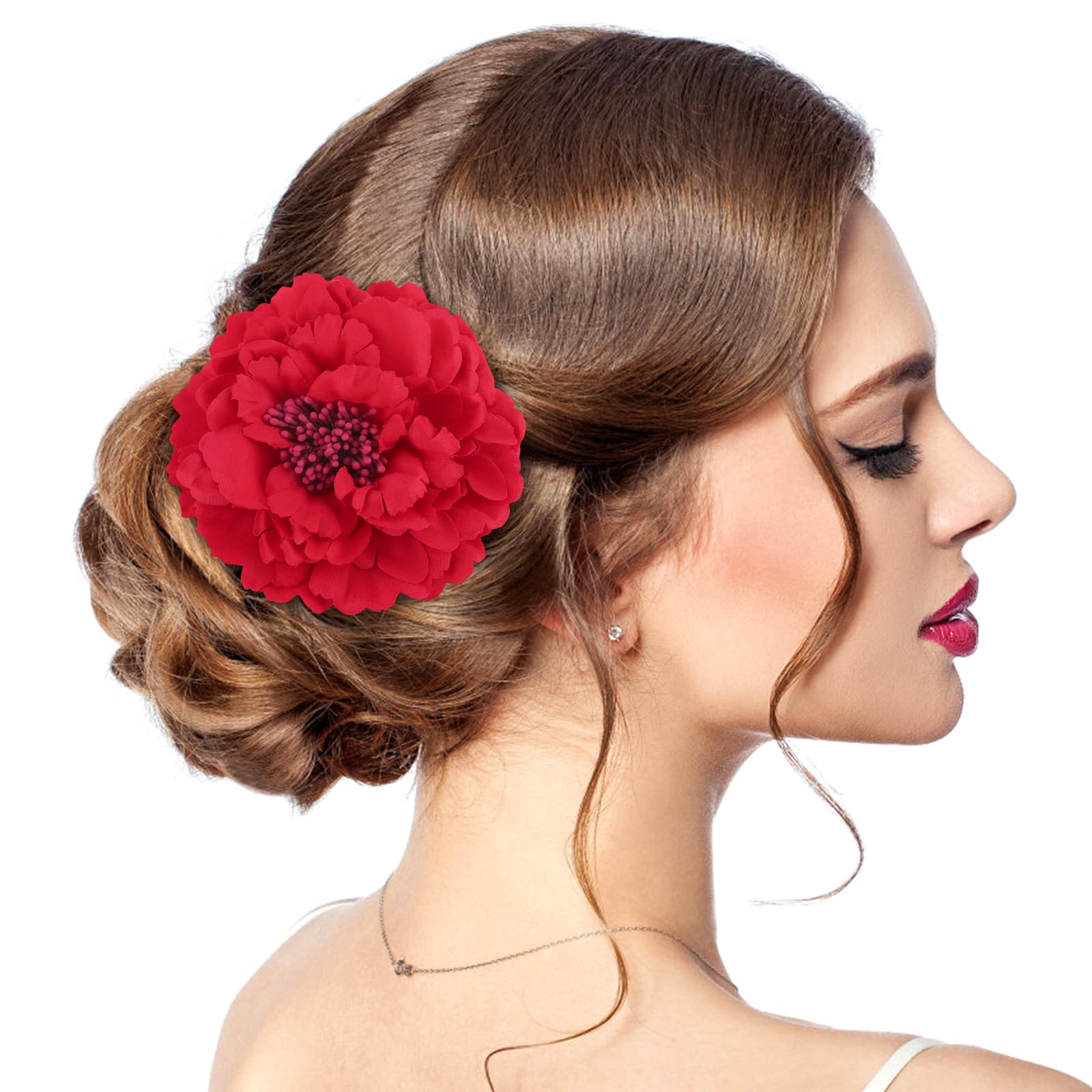 Red Peony Fascinator Hair Accessory, Large Artificial Flower Brooch Hairpin for Women, Vintage Rose Barrette for Party, Beach, Wedding