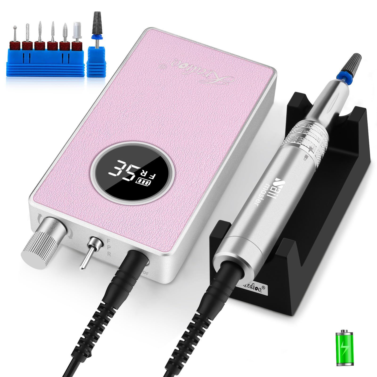 Kredioo Torno para Uñas Profesional 35000RPM, Pórtatil Recargable Ligero, Lima Eléctrica, Manicura Pedicura, Pulidor Set, Taladro de Clavo Eléctrico Limado, Kit Fresa, 2400 Batería, 7 Brocas, Rosa