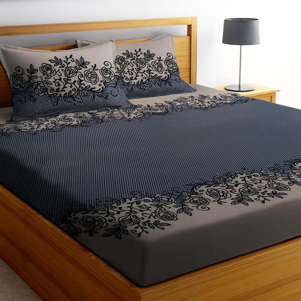 YORIK 100% Microfiber bedsheet for Double Bed with 2 Pillow Covers Breathable | Wrinklefree and Softtouch White Flower Print Sheet (Brown-Black)