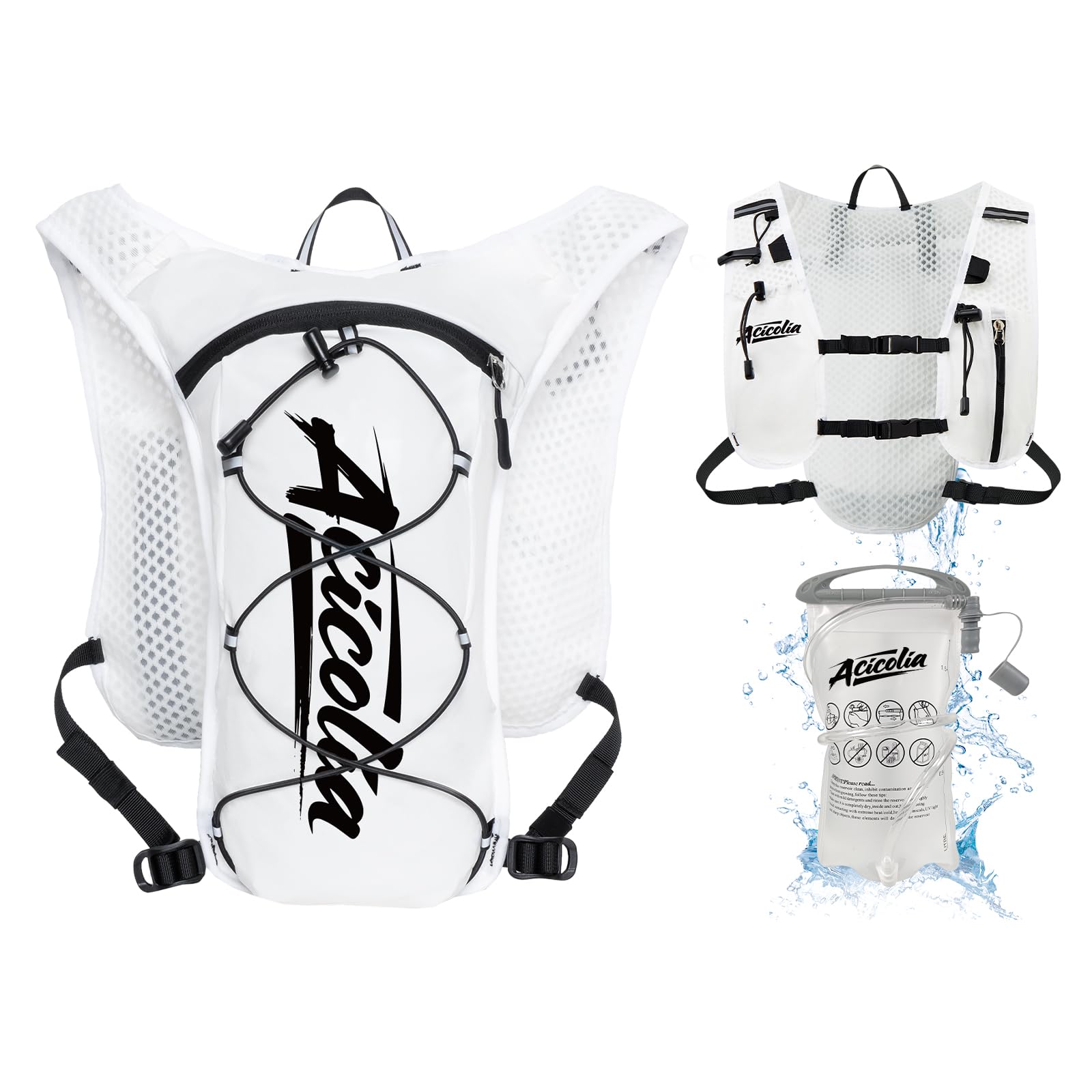 Acicolia Running Vest, Lightweight Hydration Vest for Men Women Breathable & Reflective Running Backpack, With Water Bladder 1500ml ,With Phone Holder & Water Bottle Holder (White-2, One Size)