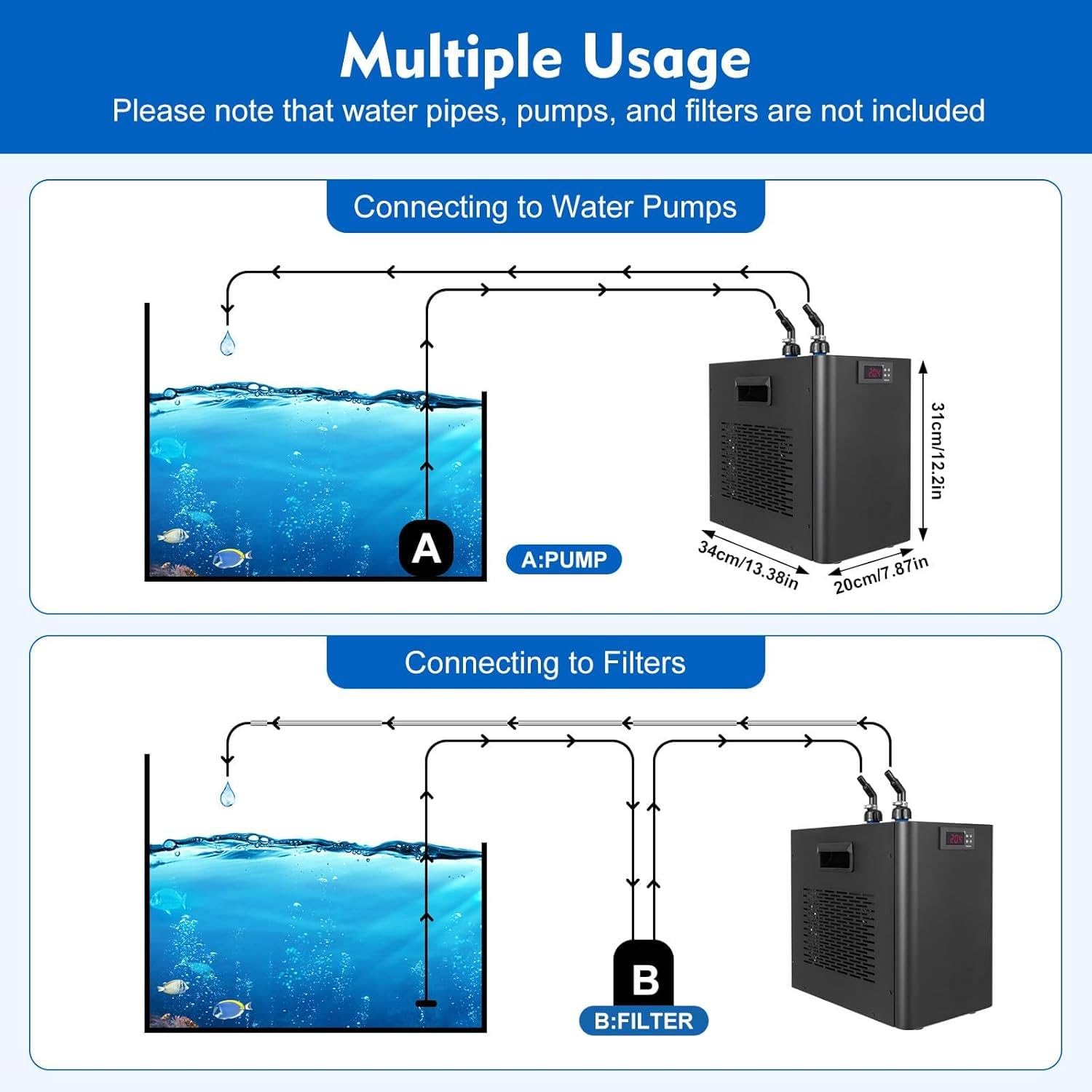 Enfriador de agua para acuario 1/10HP 1/3HP 1/2HP 1HP para pecera, completo con mangueras y bombas, ideal para baño de hielo y plantas acuáticas, soporta 500L/132 galones