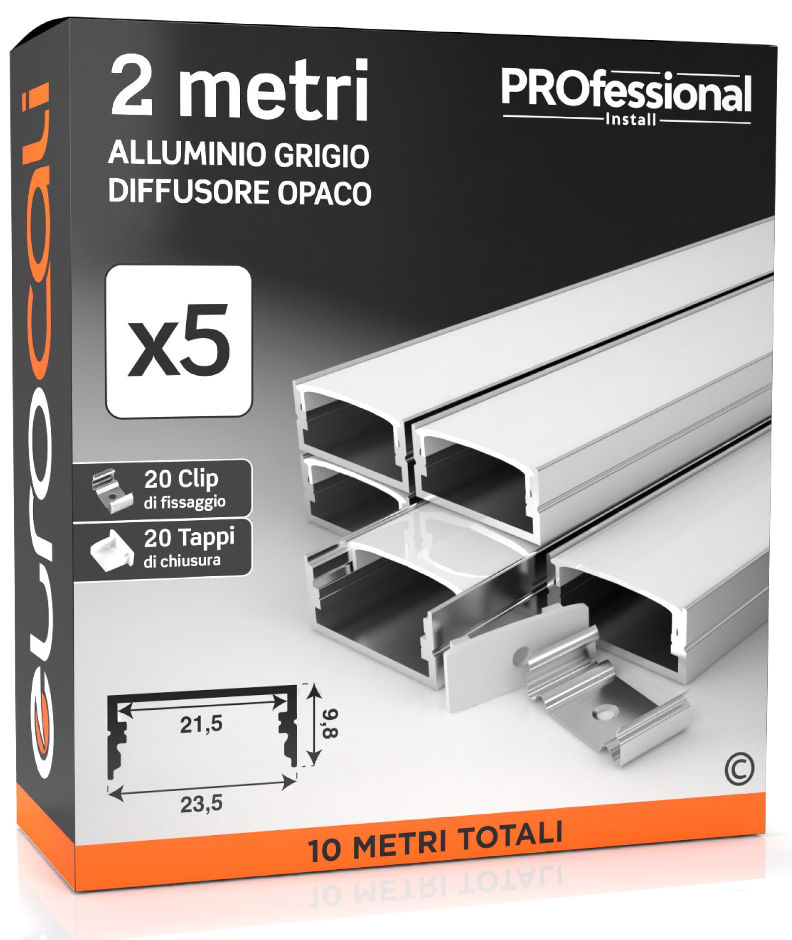 Eurocali 5x Profili da 2 metri (10mt) in Alluminio grigio per Strisce LED Schermatura Opaca ingombro max striscia led 21.5mm - 23.5 x 9.8