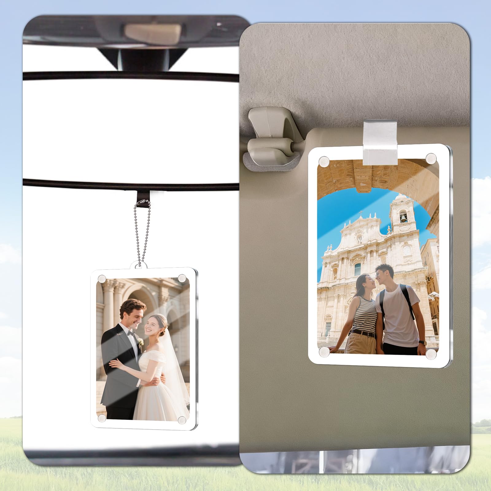 2szt Ramka na Zdjęcia Samochodowe z Łańcuszkiem i Klipsem, 9x6cm Uchwyt Zdjęcia Samochodowe Personalizowana Zawieszka na Lusterko Wsteczne do Zdjęć dla Par