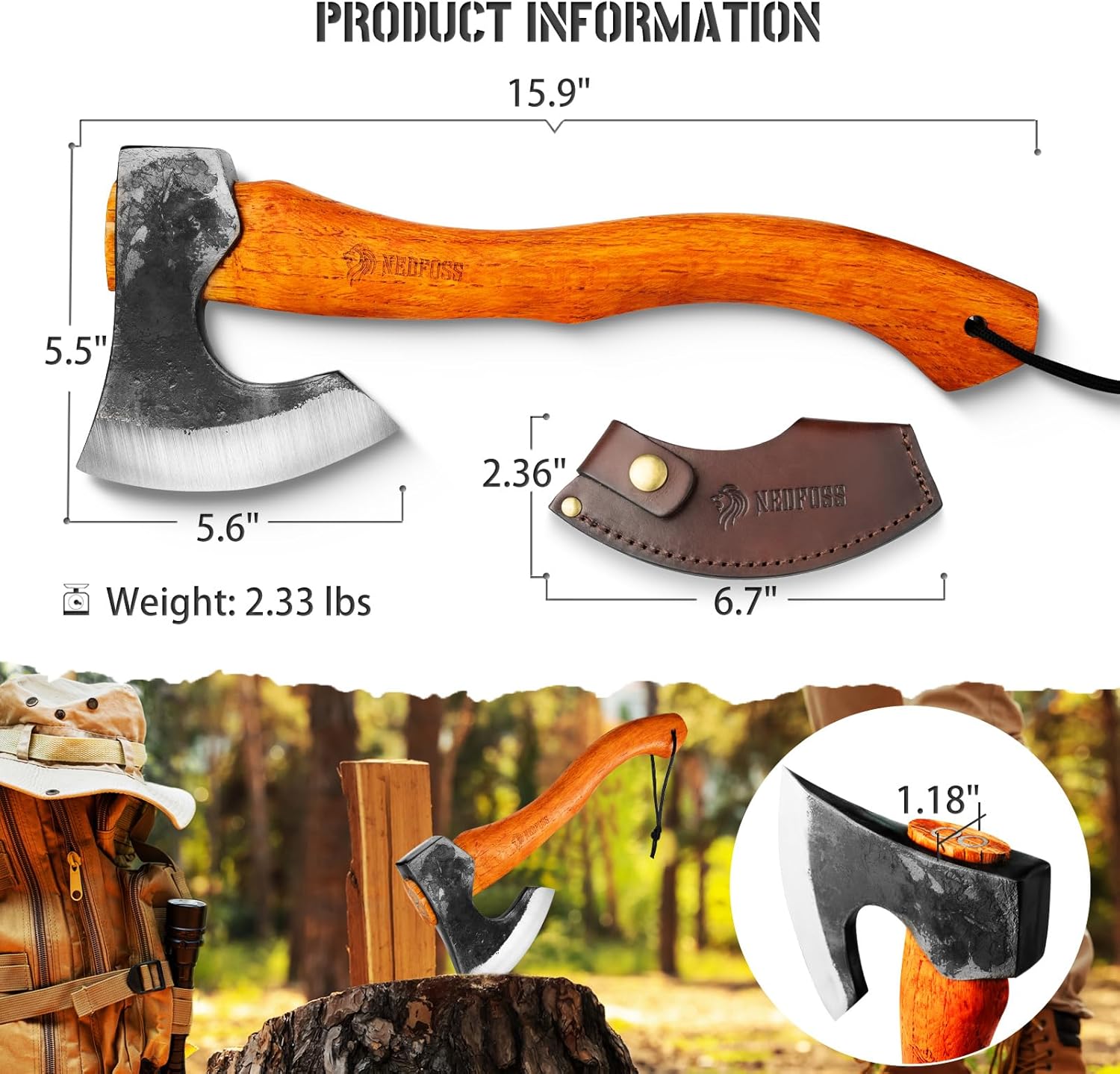 NEDFOSS Mammoth Hatchet Axe for Camping, 15.6" Camping Axe for Wood Chopping, Hand Forged Camping Axes & Hatchets, Multipurpose Splitting Axe for Carving Bushcraft Outdoor Forest Garden, Gift for Men