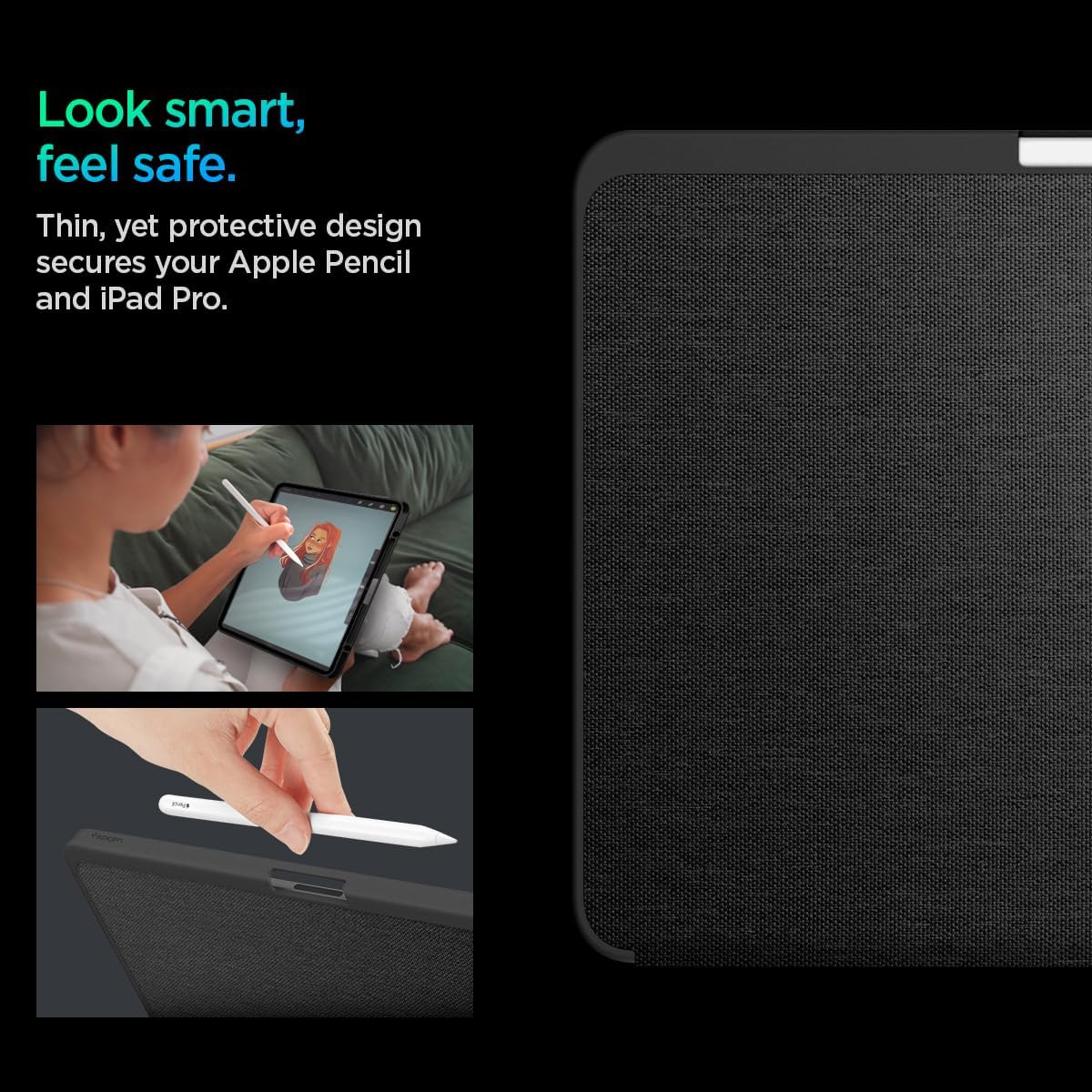 Spigen for iPad Pro 13 inch Case M5/M4 (2025-2024), Urban Fit Protective Premium Fabric Tri-Fold Cover with Pencil Holder, Black - Image 3