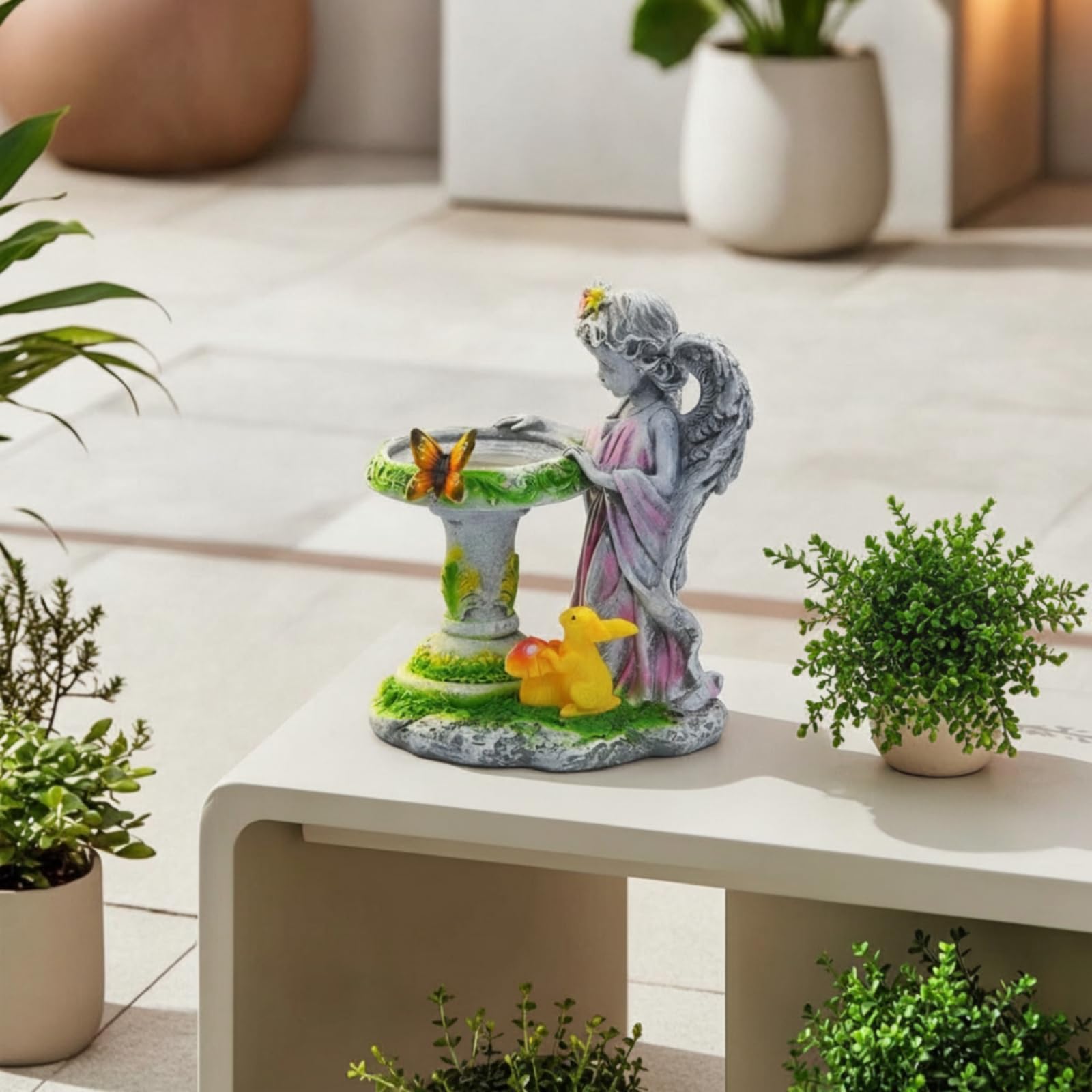 Scultura Angelo da Giardino con Bacinella Alimentata Dal Sole Resina Resistente Agenti Atmosferici Decorazione con Panneggio E per Terrazza Aiuola Cortile Ingresso Esterno