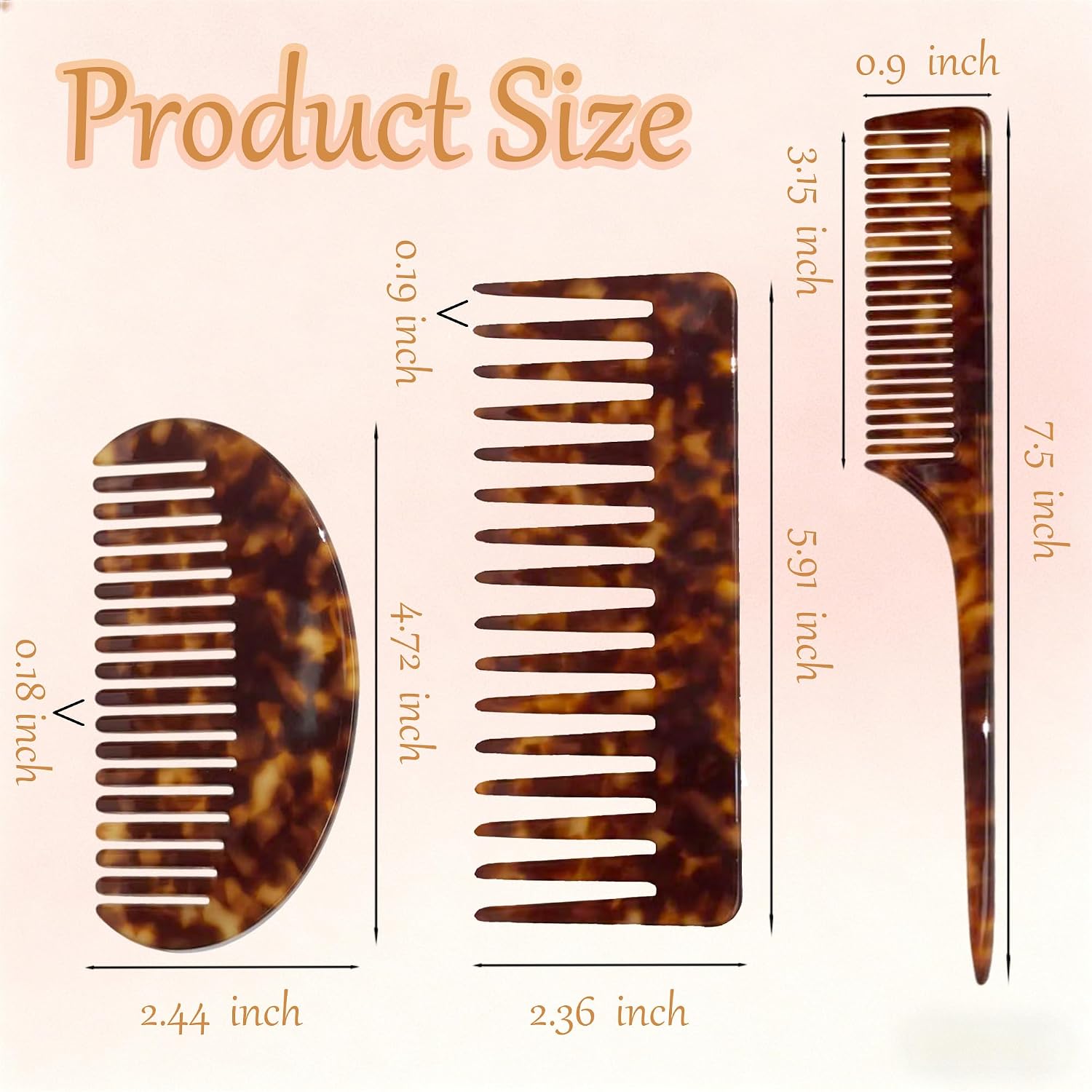 3PCS Wide Tooth Combs & Rat Tail Combs for Women - Acetate Detangling Combs for Bangs, Long, Curly, Thick, Thin, Wet and Dry Hair - Tortoise Shell Fine Tooth Hair Parting Comb for Braiding & Styling