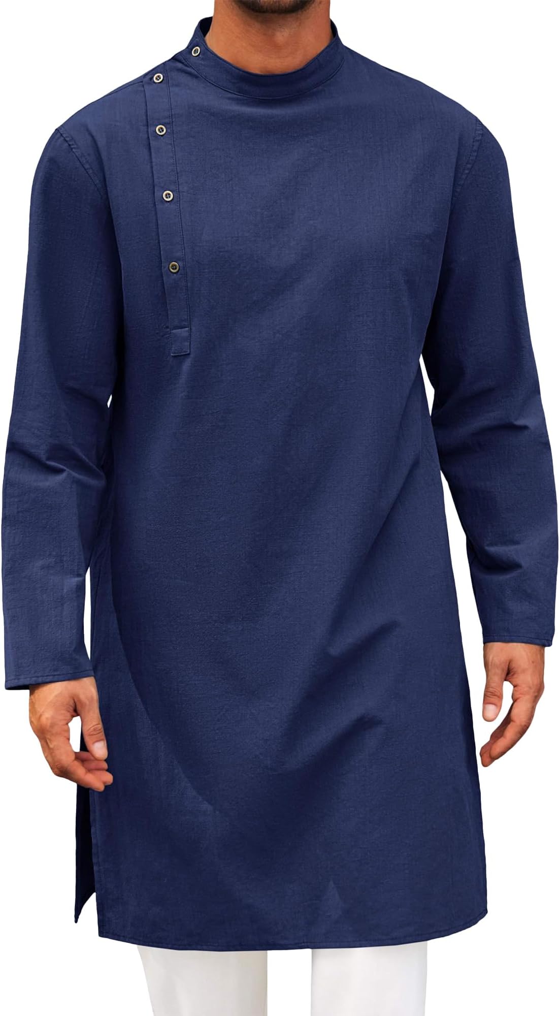 Kaftan for Men Casual Thobe Cotton Linen Long Sleeve Button Down Breathable and Comfortable Summer Muslim Gown Kurta Shirt