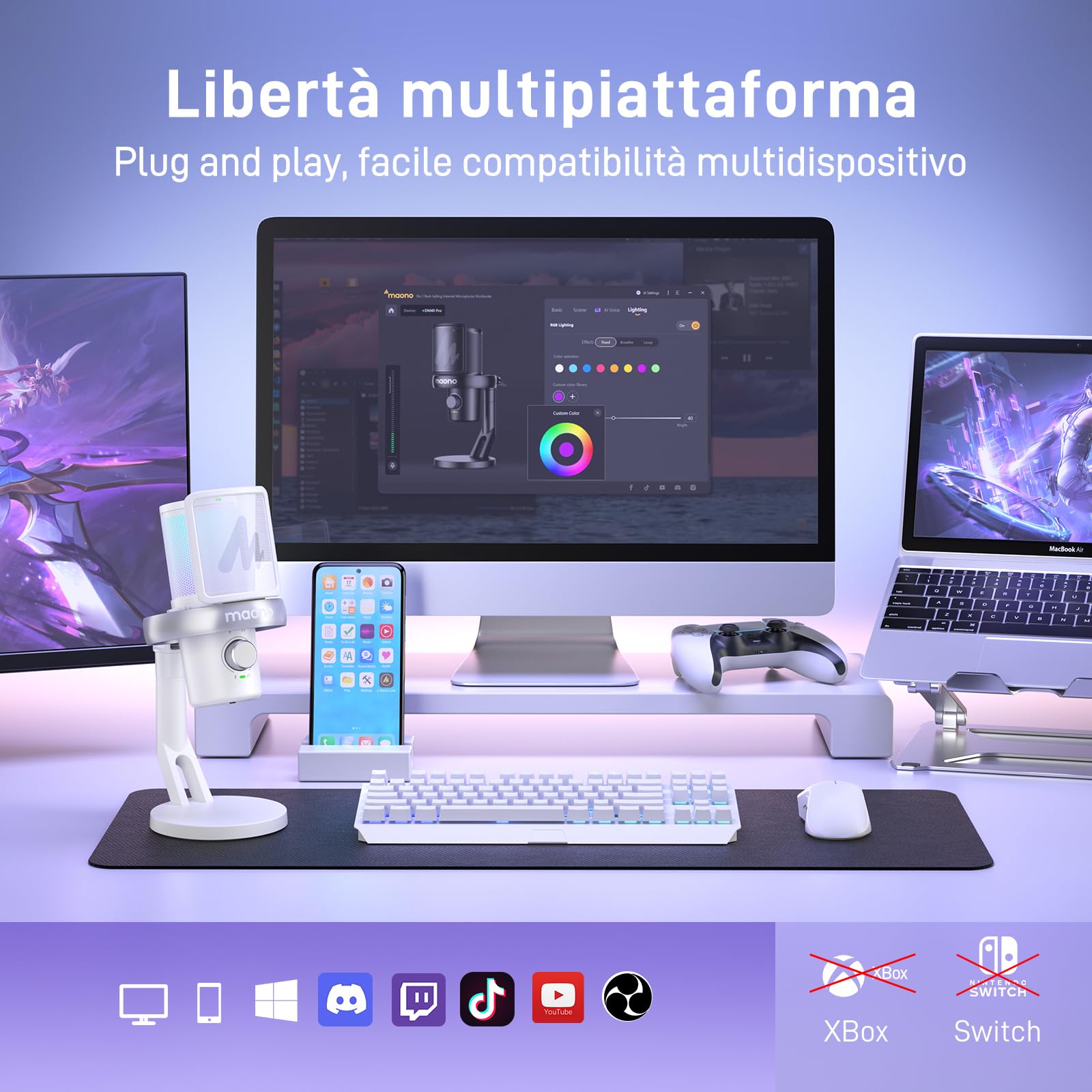 MAONO Microfono Wireless per PC, Microfono PC con Software di Cambiavoce Vocale IA, Cancellazione del Rumore a 3 Stadi, Luce RGB Personalizzata, per Gioco, Podcasting, Streaming, DM40 Pro Bianco