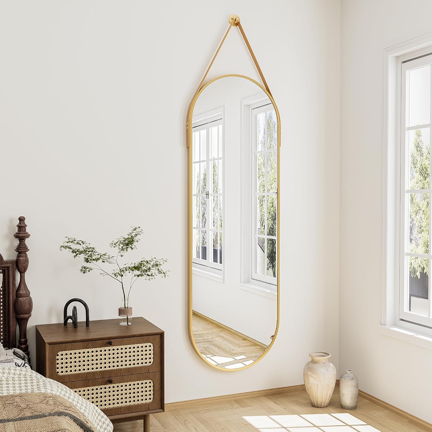 TinyTimes 48"x16" Hanging Mirror with Leather Strap,Oval Full Length Mirror with Aluminum Frame Wall-Mounted Hanging Mirrors for Bathroom Vanity Living Room Bedroom Entryway Decor, Gold