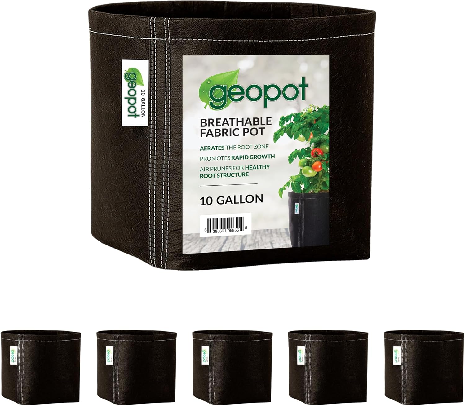 GeoPot 10 Gallon Fabric Grow Bags for Vegetables, Houseplants, Herbs & Flowers |5-Pack| Fabric Pots for Outdoors and Indoors, Aerated Fabric Grow Bags