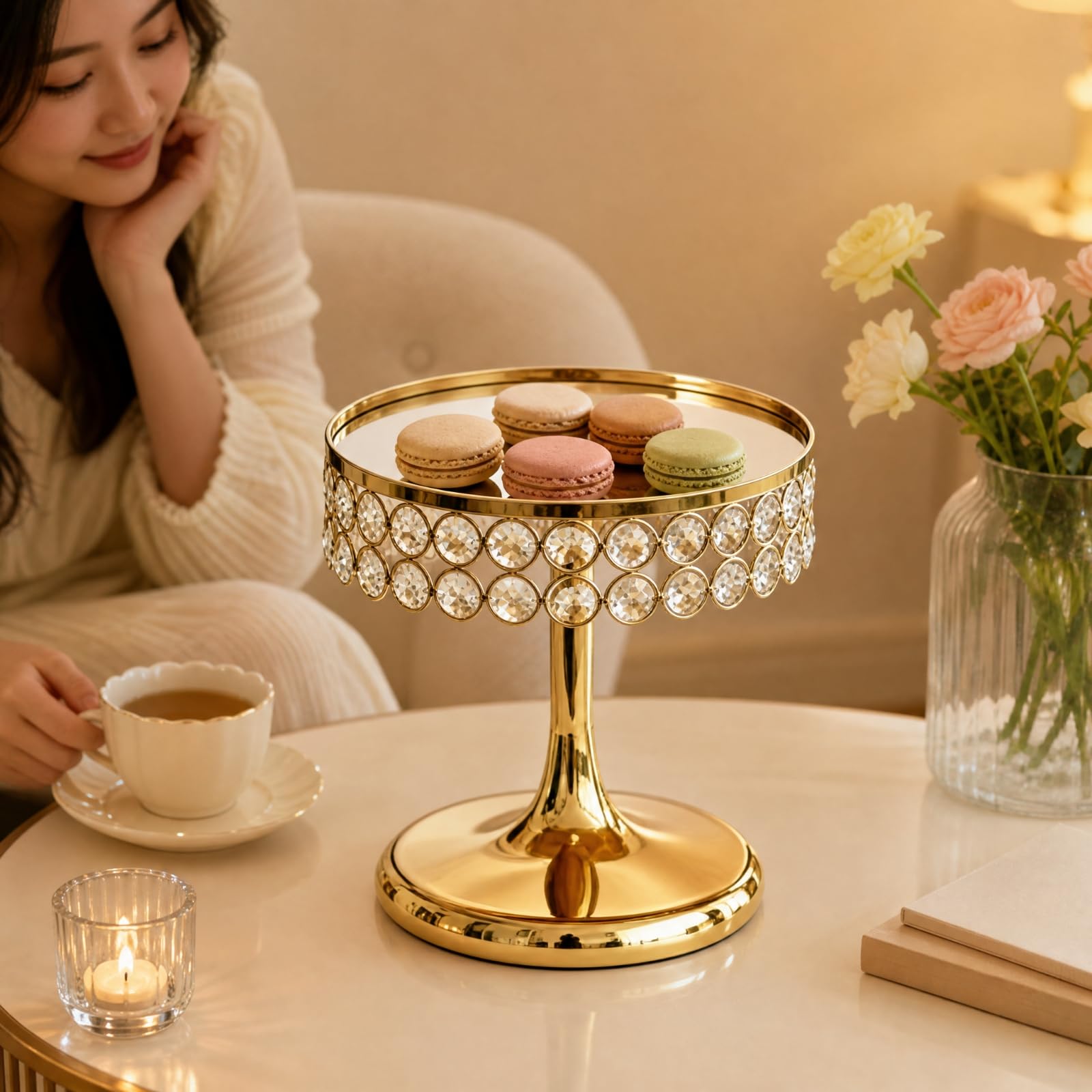 Alzatina in Metallo con Vassoio Circolare Elegante Espositore con Superficie a Specchio e Stabile Alzatina Bordo Rialzato per Compleanni, Oro 30CM 24CM