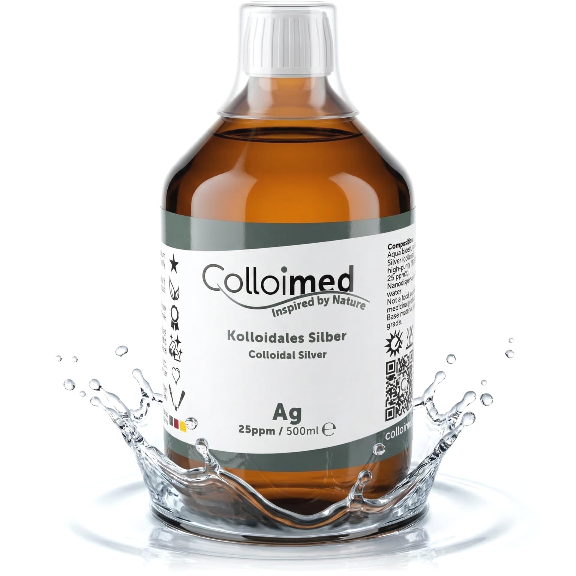 Kolloidales Silber 25ppm hoch konzentriert Reinheitsstufe 99,99% in brauner Apotheker-Glasflasche 500ml (Silber-25ppm, 500ml)