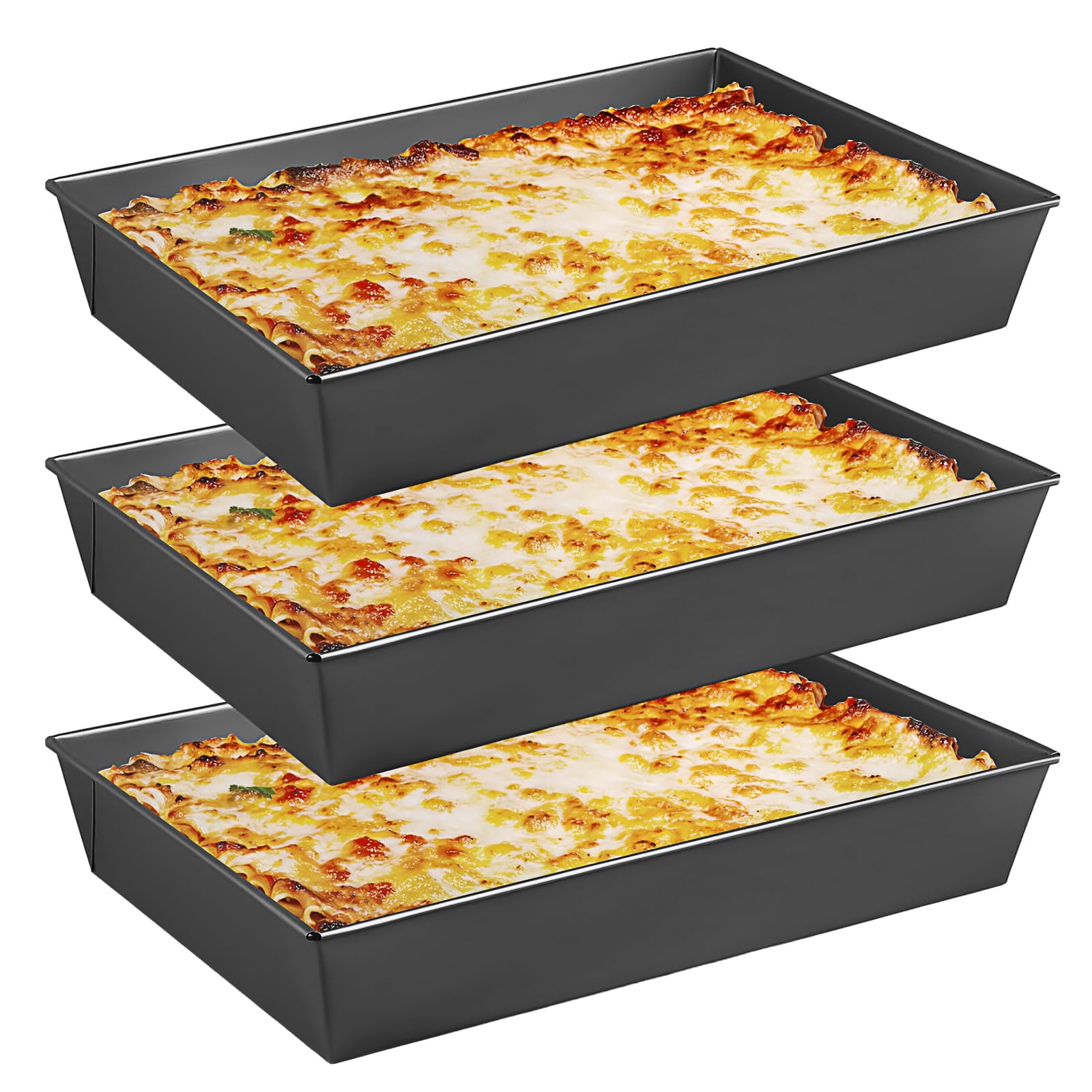 JTKDG Set of 3 Detroit Style Pizza Pans 10 x 14 Inch Non Stick Rectangle Deep Pizza Pans Pre Seasoned Carbon Steel Sicilian Style Pan Dish Baking Tray for Lasagna Brownies