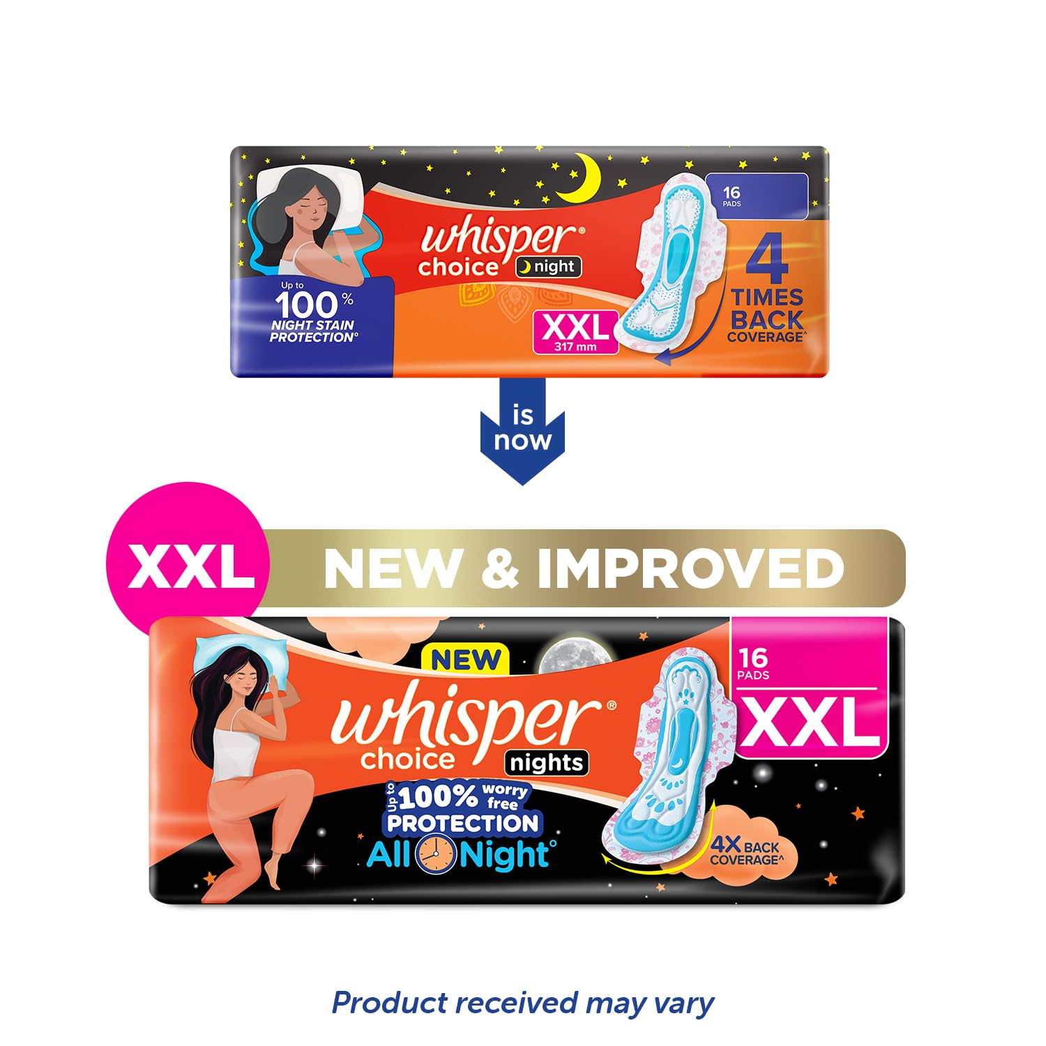 Whisper Choice Nights, 16 XXL Pads, Gives Up to 100% worry-free protection all night** with 4x back coverage