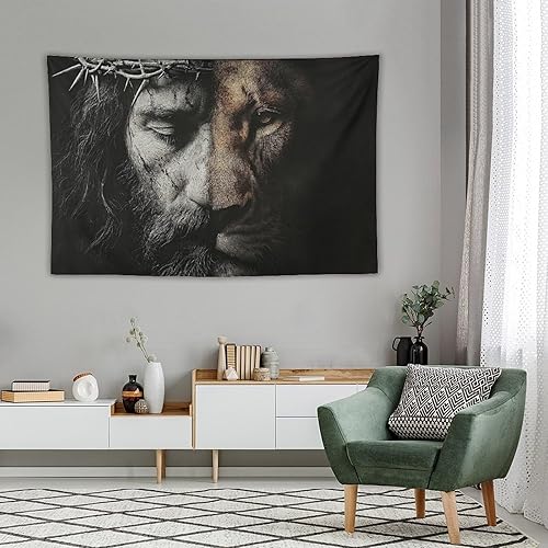 Miniatura 4 de JYOUQOC Tapiz de Jesús y el León para colgar en la pared, decoración artística de pared grande, telón de fondo para dormitorio, sala de estar,