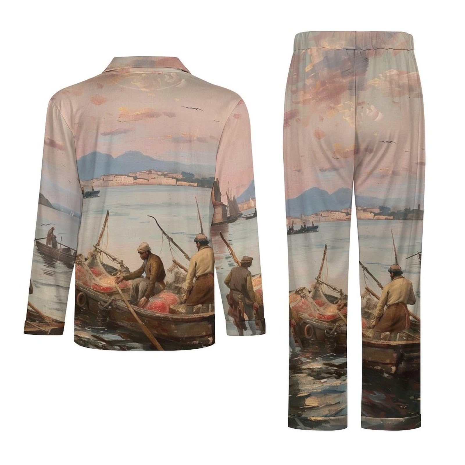 OLEETS Pigiama A Maniche Lunghe da Uomo - Andare in Barca sul Mare Pigiama Invernale Pantaloni Top Caldo Autunnale Traspirante Morbido 2 Pezzi Casual Ampio