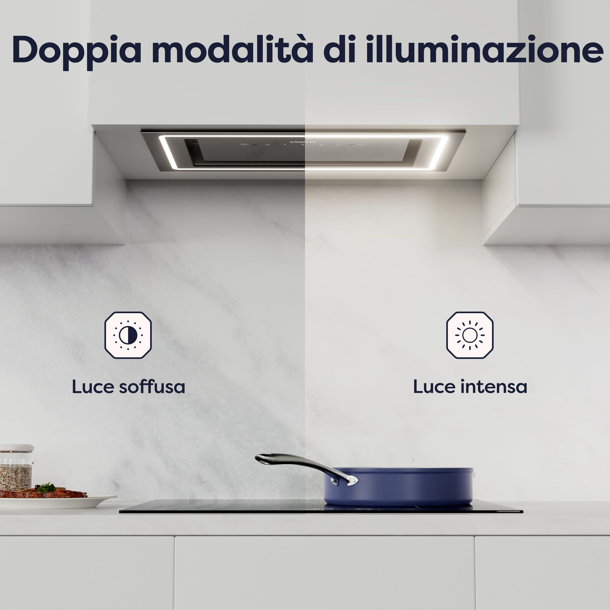 Ciarra CBCB5931C Cappa Aspirante Integrata da 52 cm, Con Controllo a Onda, Luce Led, Filtro a Carbone, Opzioni di Ricircolo e Canalizzazione, Cappa da Cucina Sottile Sottolavello