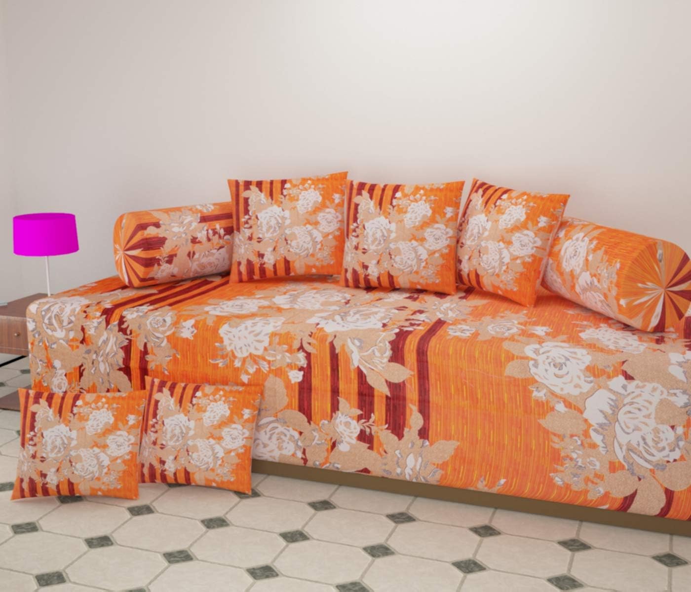 Homofy Cotton Diwan Set of 1 Single Diwan Bedsheet (60 x 90 Inches) with 5 Cushion Covers (16 x 16 Inches) & 2 Bolster Covers (16 x 32 Inches)