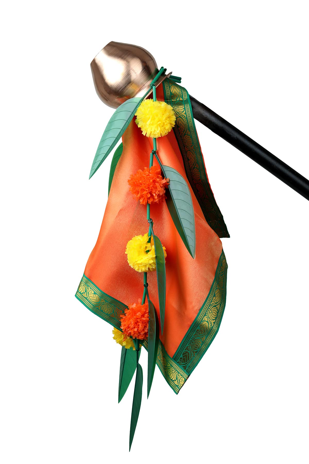 Decorative Gudi Padwa Pooja Combo Set Orange Silk Mat, Leaf and Kalash on Festival Gudi Padwa Decoration Gift/House Warming Gift/Holi Pooja Decoration/Home Decoration