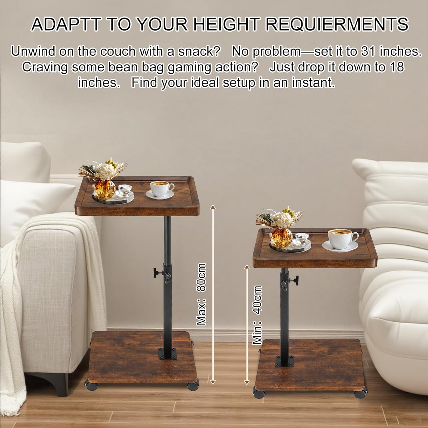 Simcat Adjustable Height C Shaped End Table, 360° Swivel Side Table TV Tray for Small Place, Couch Tables with Wheels Sofa, Bed, Chair (Tiger Skin Grain)