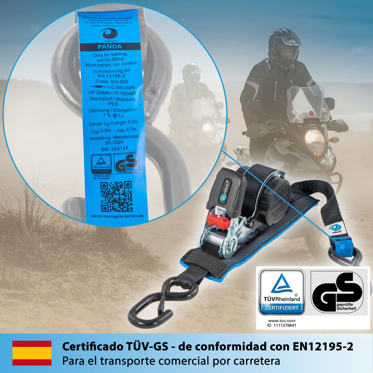 valonic Panda - 2X 5m Cinchas de Amarre automáticas con mosquetón, 25mm, 300/600 KG, Acolchadas, Certificado TÜV Rheinl. & GS, EN-12195-2 - con trinquete, Negro