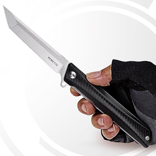 Vista 14 de REMETTE Cuchillo de bolsillo GD22K, Flipper Open D2 Steel Tanto plegable con mango G10 duradero, cuchillo EDC de transporte diario para hombres