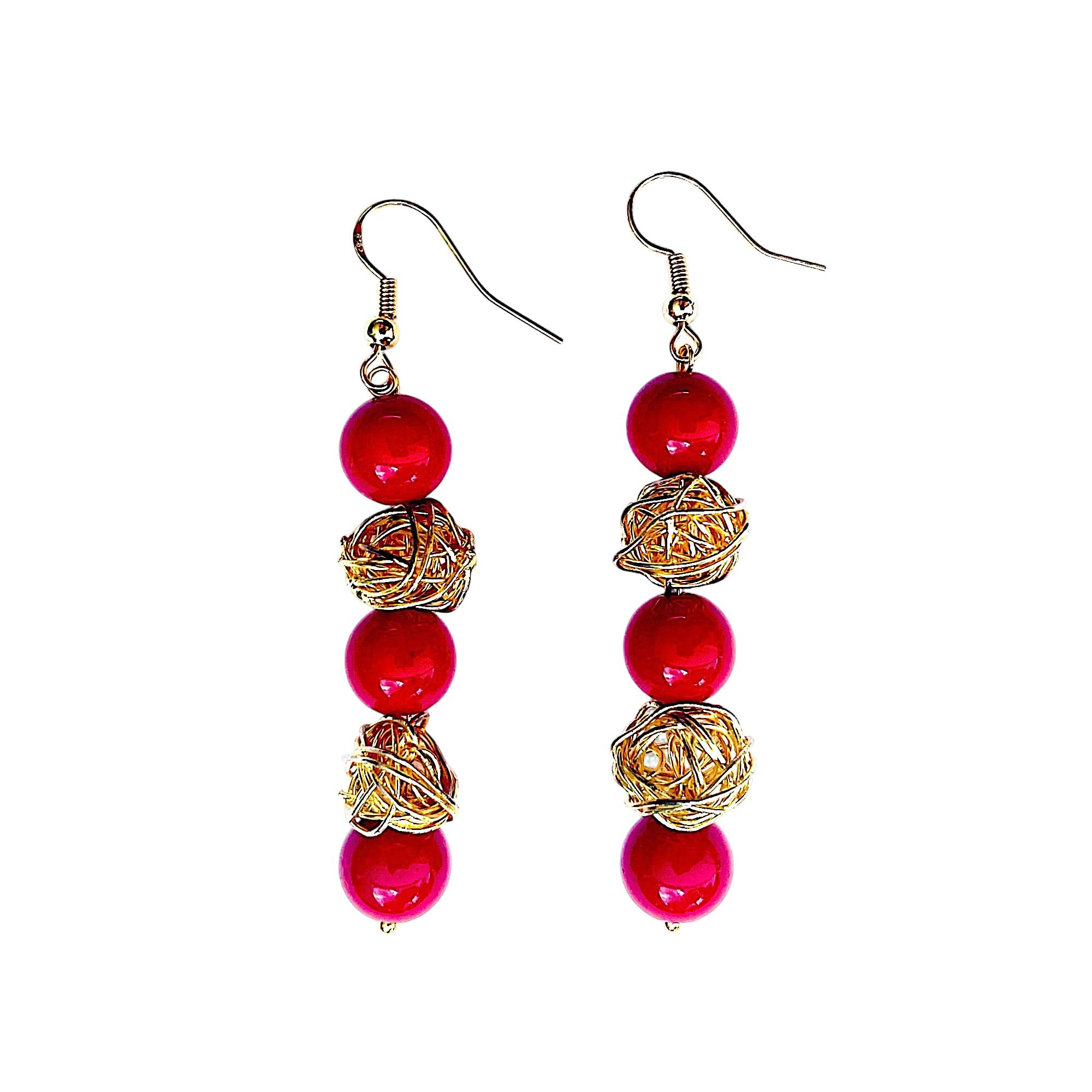 ASTER ALHELÍ Pendientes Largos Mujer Colgantes Dorados y Rojos - Pendientes y Abalorios Chapados en Oro - Muy Elegantes y Ligeros - Perfectos para Regalo