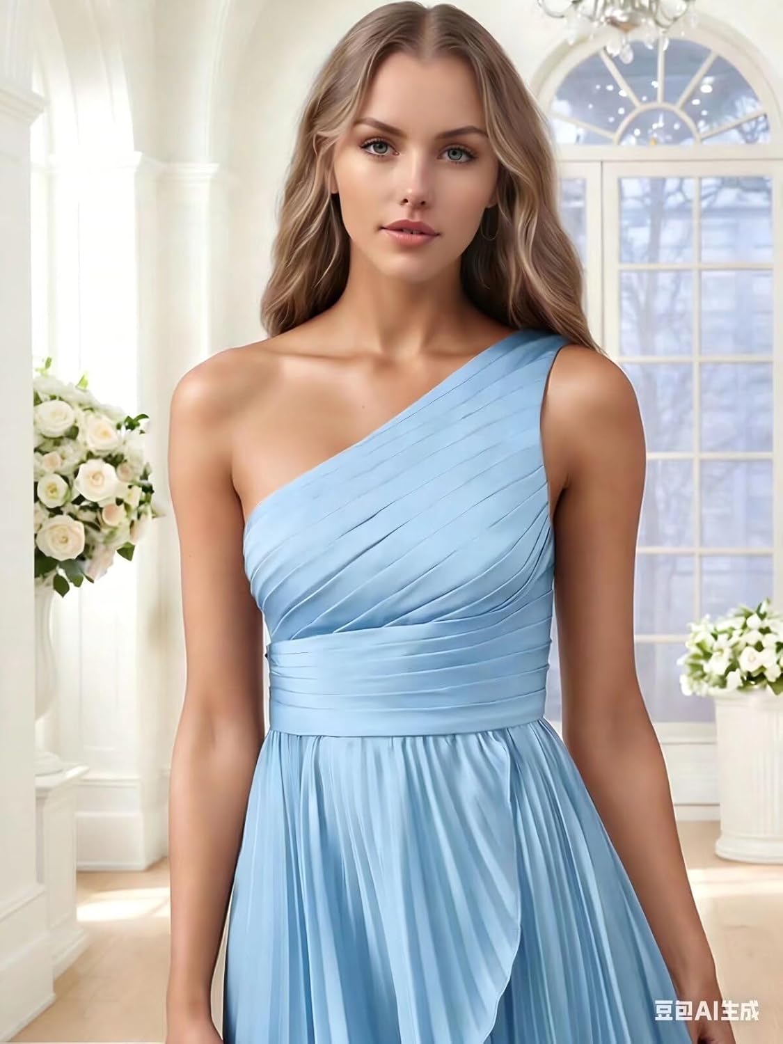 One Shoulder Pleates Bridesmaid Dresses with Slit for Women Pleated High Low Long Formal Wedding Guest Dress