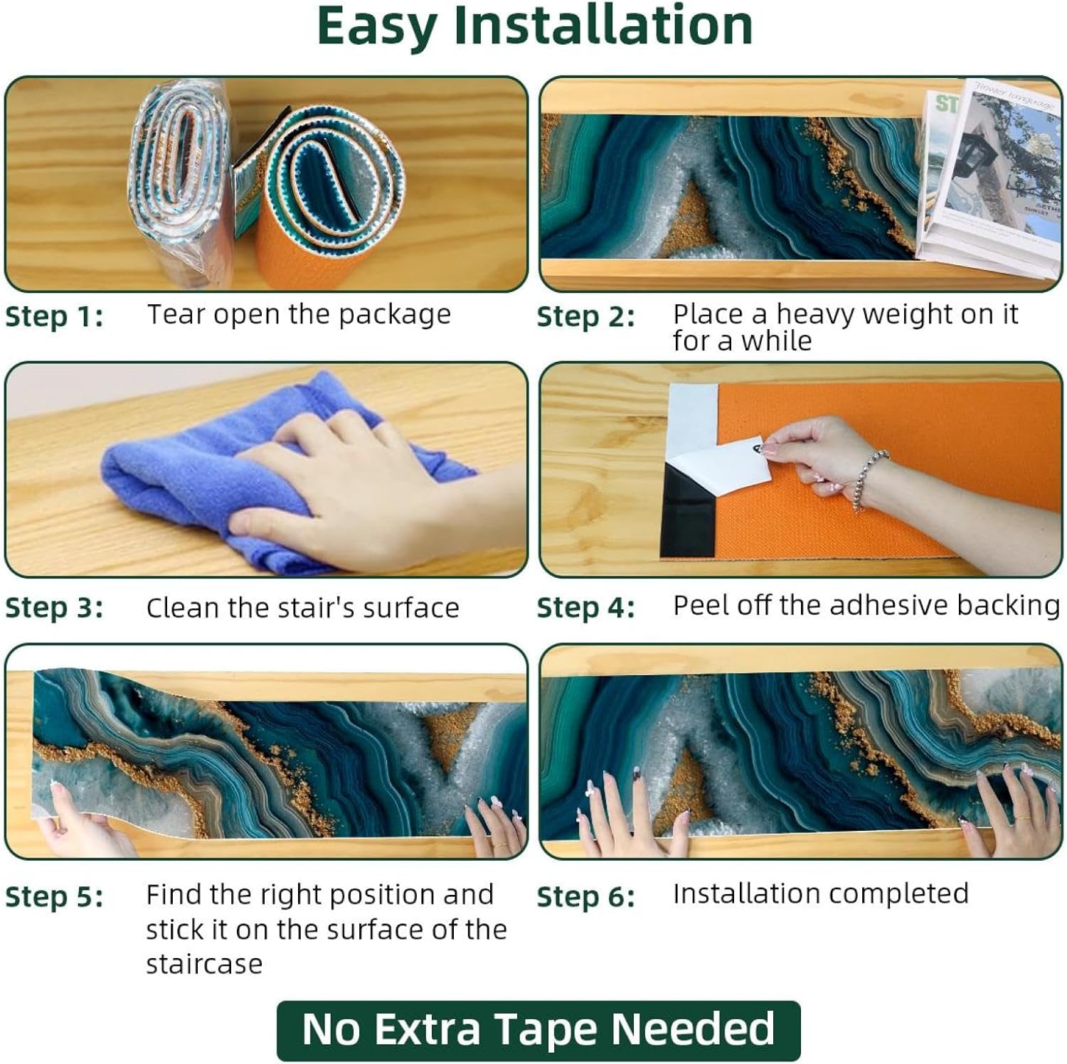 Teal Agate Texture (2) Carpet Stair Treads, Stair Treads for Wooden Steps Indoor, Stair Runner for Pets Non Skid Wood Staircase Step Treads Reusable, Set of 15