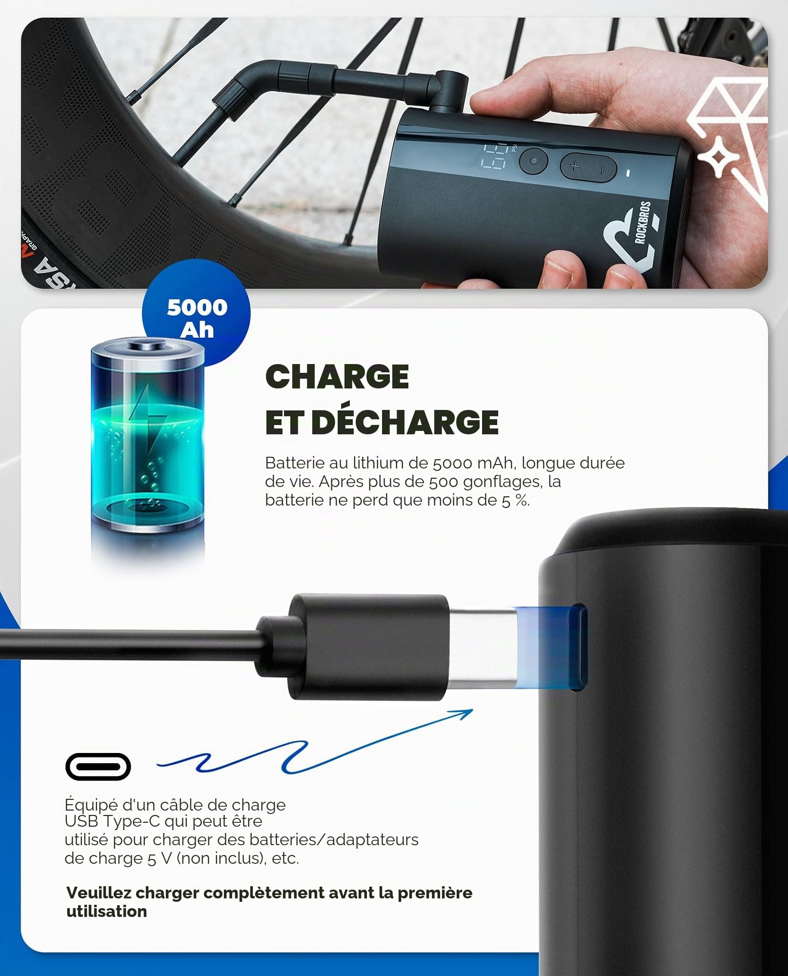 ROCKBROS Pompe à Vélo Électrique 3-150PSI Mini Pompe à Air Pneu Rechargeable 5000mAh avec Écran LED Capteur de Pression Portable Valve Presta Schrader USB Type-C pour Vélo Route Voiture Moto VTT
