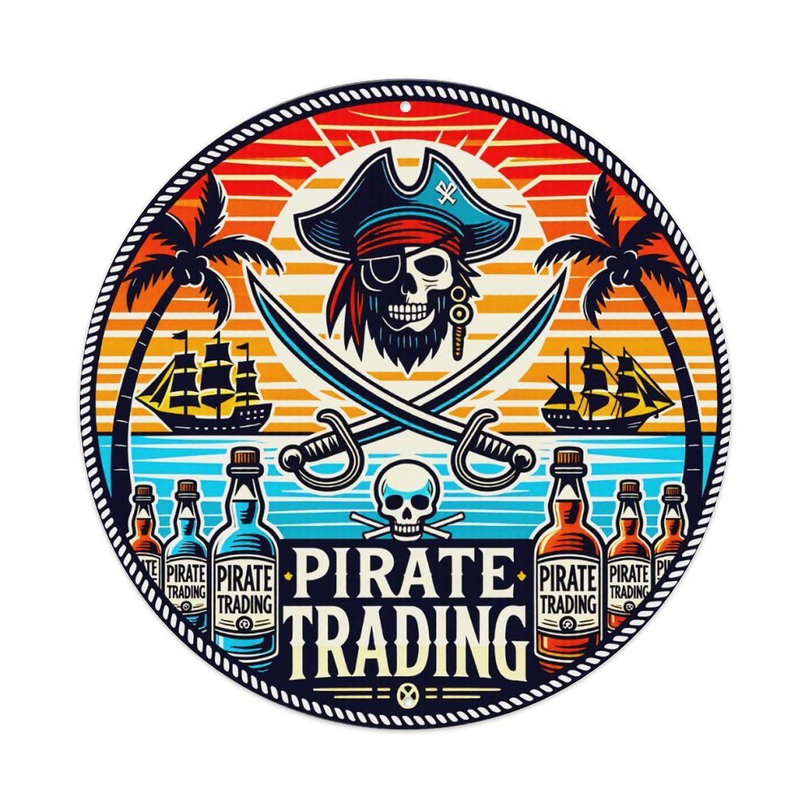 Pirate Skull Swords Ships Bottles Metal Tin Sign Vintage Garden Bedroom Cafe Bar Man Cave Home Wall Decor Metal Poster 8x8 inches