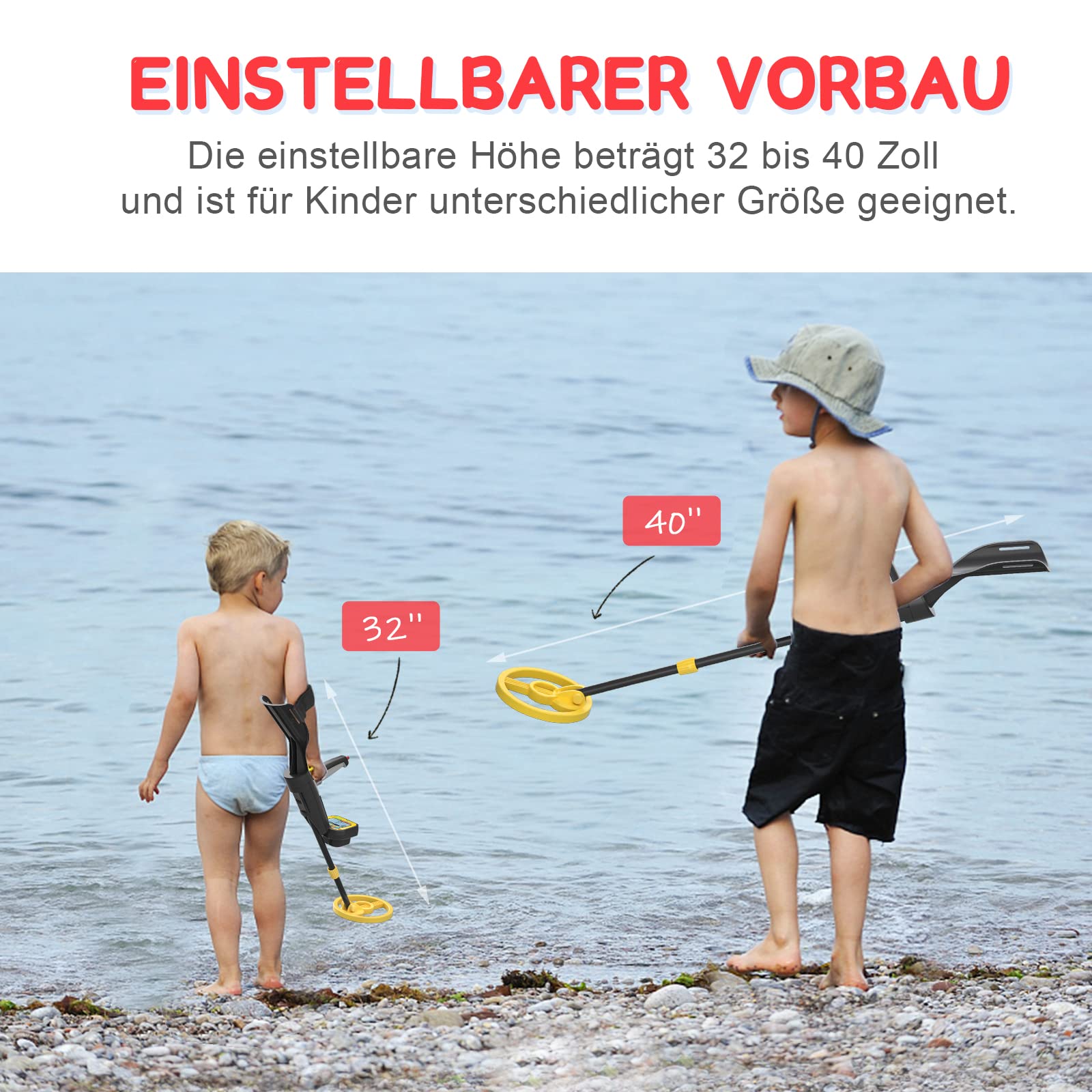 Metalldetektor für Kinder, Metalldetektor Wasserdicht mit LCD-Display, Golddetektor mit Schaufel und Rechen für Strand Schatzsuche & Outdoor Erkundung (Gelb)
