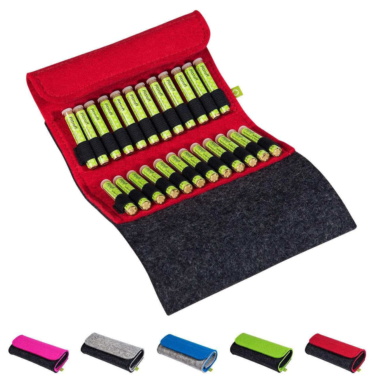 Homöopathische Taschenapotheke, Globuli-Tasche Potenz D12, gefüllt mit 24 Globuli-Röhrchen (Glas), handgemacht aus echtem Filz (rot)