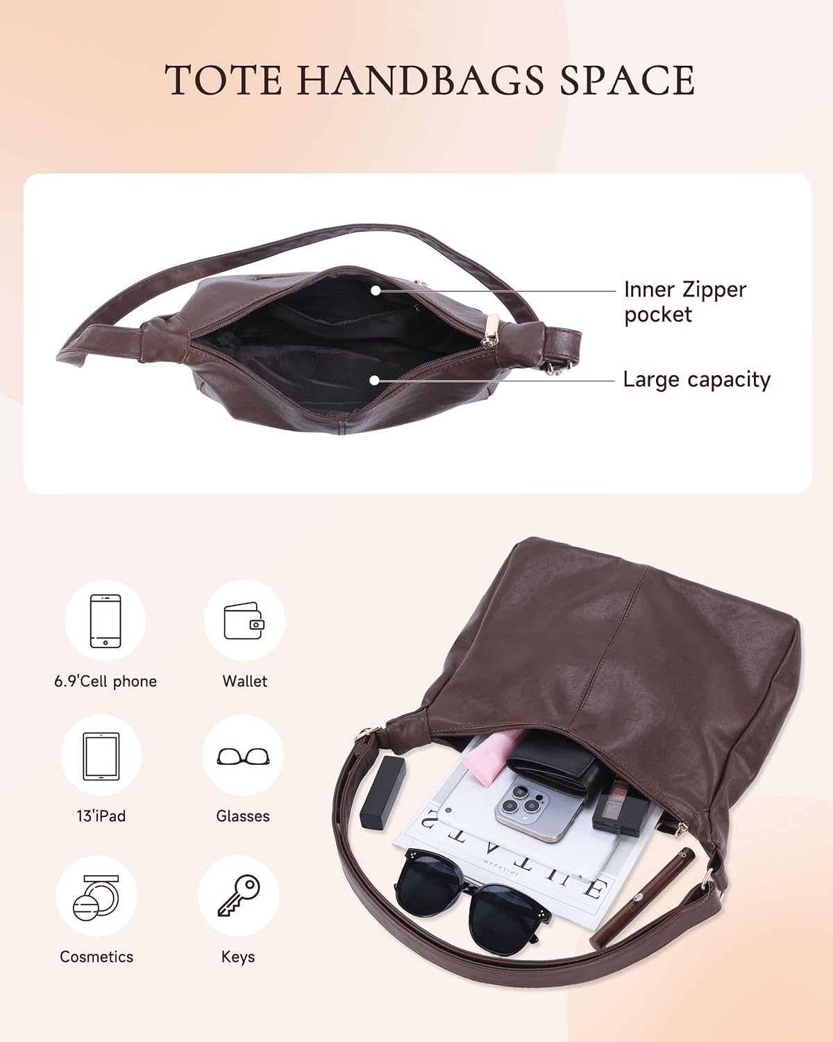 Hobo Bags for Women, Vegan Leather Shoulder Handbag, Stylish Slouchy Tote Purses with Adjustable Strap & Zipper Closure - Image 5