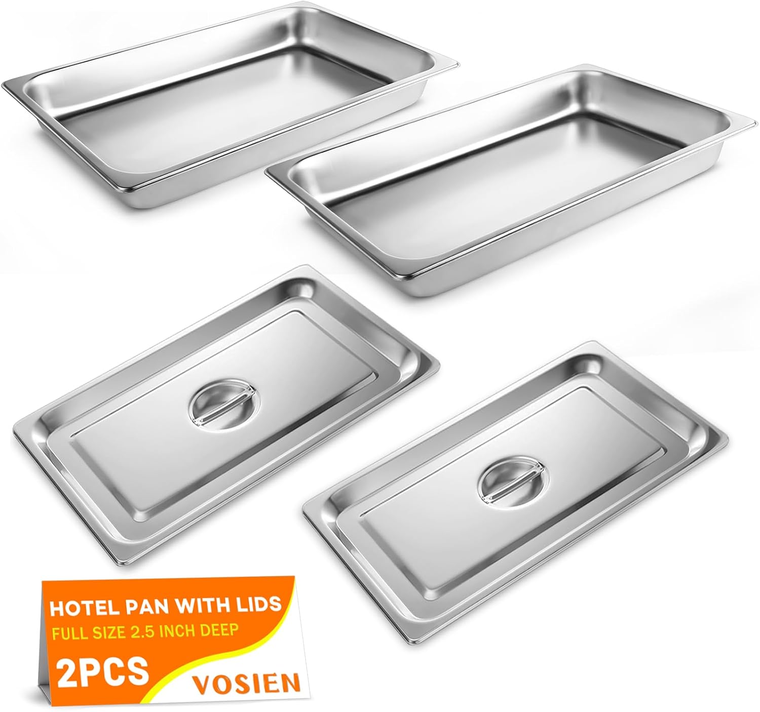 VOISEN Hotel Pans with Lids 2 Pack 1/1 Size 2.5" Deep, 1.2mm Thick Steam Table Pans Full Size, Commercial Food Pan for Catering Buffet Chafing Dish Pan,20.87"x12.8"x2.5"