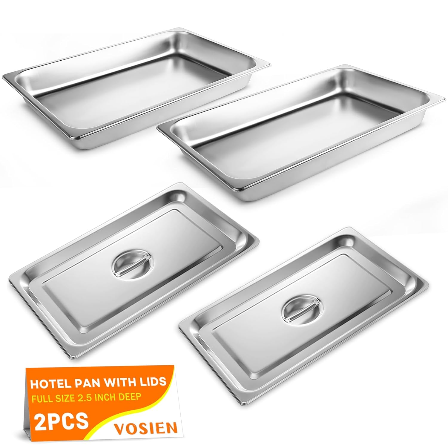VOISEN Hotel Pans with Lids 2 Pack 1/1 Size 2.5" Deep, 1.2mm Thick Steam Table Pans Full Size, Commercial Food Pan for Catering Buffet Chafing Dish Pan,20.87"x12.8"x2.5"